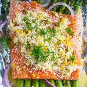 Wild Caught Miso Salmon and asparagus in foil with lemon and parmesan.